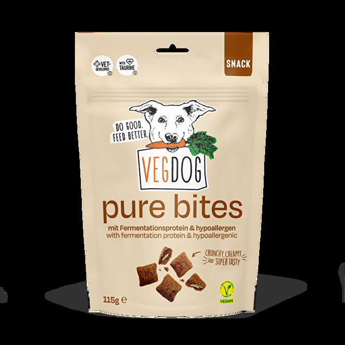 Die Pure Bites von Vegdog sein ein veganer, äußerst proteinreicher Snack der außen knackig und innen cremig daherkommt.