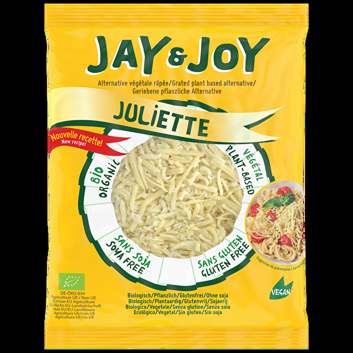 Der Reibeschmelz Juliette von Jay & Joy schmilzt wunderbar auf deiner veganen Pizza und vollendet jedes Pastagericht mit einem vollmundigen Topping.