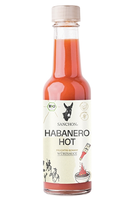 Die Habanero Hot Chilisauce von Sanchon besticht durch ihre fruchtige Schärfe, typisch für Habaneros.