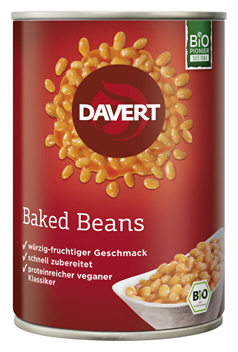 Die Baked Beans Weiße Bohnen in Tomatensauce von Davert sind würzig-fruchtig im Geschmack und schnell zubereitet.