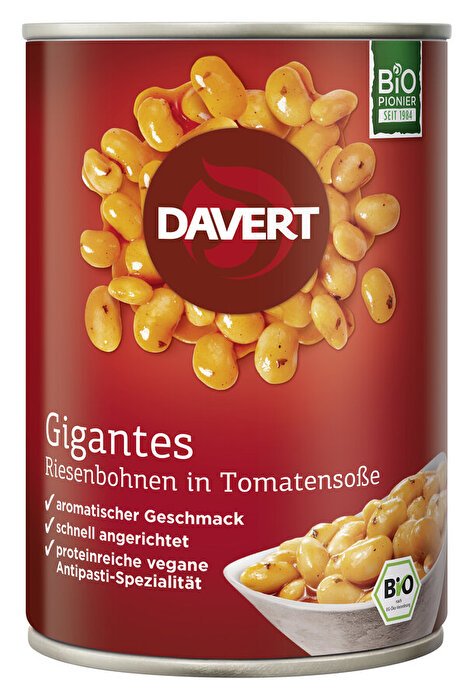 Die Gigantes Riesenbohnen in Tomatensauce von Davert überzeugen durch eine cremige und zarte Textur.