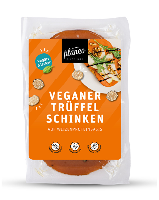 Der vegane Trüffel Schinken von Planeo punktet mit einem feinen veganen Trüffelaroma und einem hohen Eiweißgehalt.