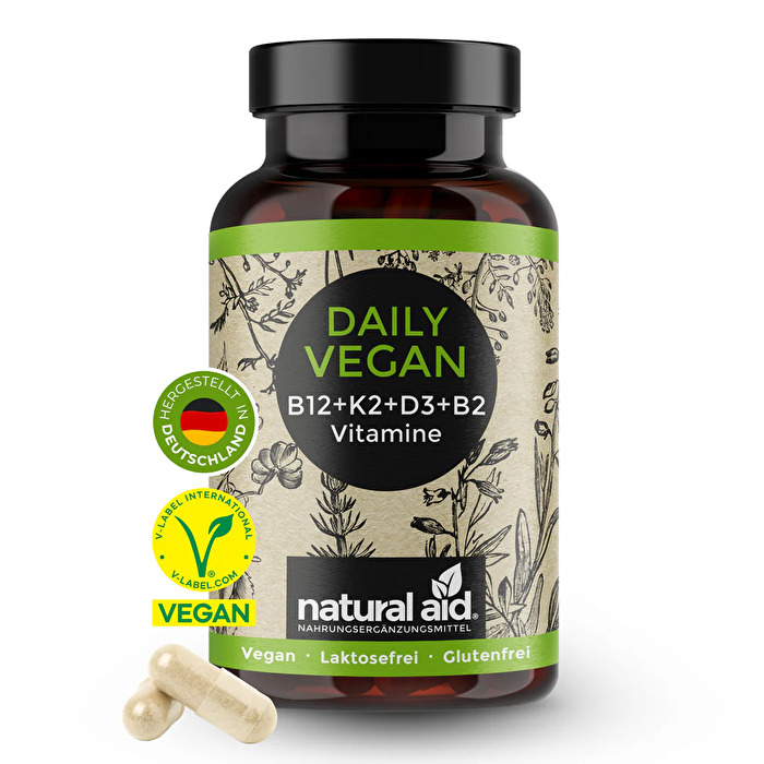 Das Daily Vegan Vitamin B12+K2+D3+B2 von natural aid ist eine Kombination von verschiedenen Vitaminen im Zusammenspiel mit B12.