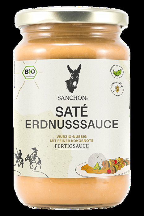 Die Erdnusssauce Saté von Sanchon passt hervorragend zu Tofu, einer Gemüsepfanne oder Reis.