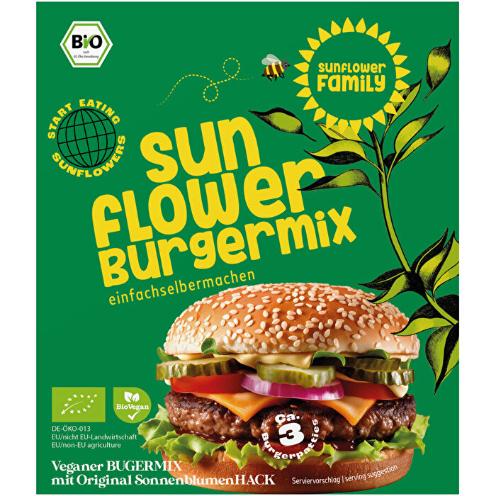 Der sunflowerBurger Mix von der sunflowerFamily zaubert im Handumdrehen leckere vegane Burgerpatties.