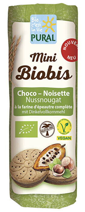 Die Mini Biobis Dinkelkekse mit Nussnougat von Pural - das sind vegane Doppelkekse mit einer leckeren Creme aus Nussnougat.