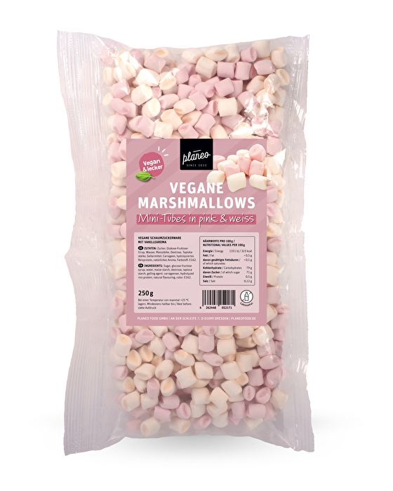 Egal ob zum Naschen, als Topping oder zum Garnieren, die Veganen Marshmallows Mini pink & weiß von Planeo sind der perfekte Leckerbissen!
