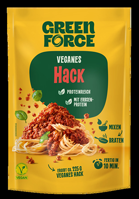 Mit dem veganes Hack - Trockenmix von Greenforce auf Basis von Erbsenprotein lassen sich schnell und leicht vielseitige Gerichte zubereiten.
