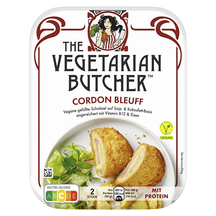 Das Cordon Bleuff von The Vegetarian Butcher nach Hühnchen-Art bietet einen herzhaften Genuss mit einer cremigen Füllung aus pflanzlichem Schmelz auf Kokosbasis und einer feinen Schinken-Alternative aus Soja.