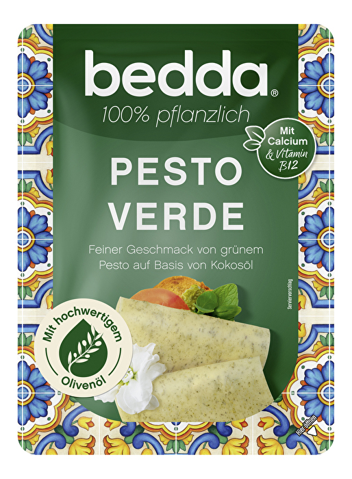 Die Scheiben Pesto Verde von bedda vereinen Kokos- und Olivenöl mit aromatischen Kräutern, Spinat und einer feinen Basilikumnote zu einem mediterranen Geschmackserlebnis.