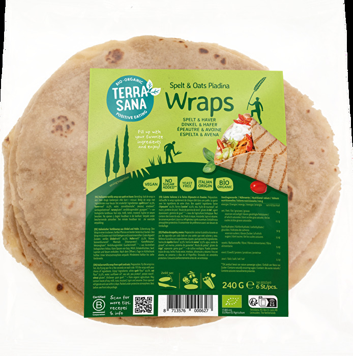 Die Piadina Wraps Dinkelmehl und Hafer von TerraSana überzeugen mit ihrem einzigartigen Geschmack und einer angenehm herzhaften Textur.