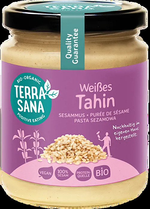 Das Tahin weiss - Sesammus von TerraSana wird ausschließlich aus geschälten Sesamsamen hergestellt und überzeugt mit einem besonders milden, fein-nussigen Geschmack.