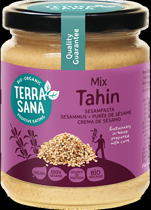 Das Tahin Mix - Sesammus von TerraSana wird aus einer ausgewogenen Mischung aus geschälten und ungeschälten Sesamsamen hergestellt und überzeugt mit seinem vollmundigen, nussigen Aroma.