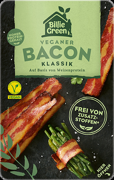 Der vegane Bacon in Scheiben von Billie Green ist ein richtiger Game Changer was die Konsistenz nach dem Braten angeht.