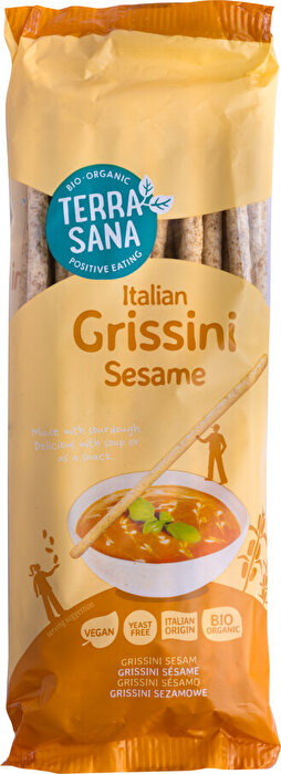 Die Grissini mit Sesam von TerraSana werden nach traditioneller Art aus Weizen, reichlich Sesam und Sauerteig hergestellt.