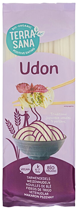 Die Bio Udon Nudeln von TerraSana werden nach traditioneller Art aus Weizenmehl hergestellt und zeichnen sich durch ihre angenehm kräftige Konsistenz aus.