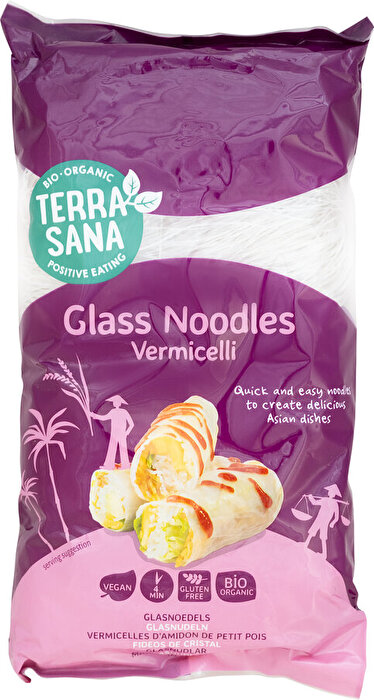 Die feinen Bio Glasnudeln Vermicelli von TerraSana aus Erbsen sind eine beliebte Zutat der asiatischen Küche und überzeugen durch ihre zarte, leicht transparente Struktur.