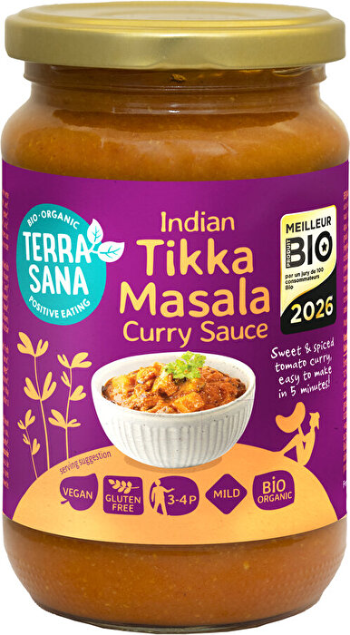Mit der Bio Tikka Masala Currysauce von TerraSana gelingt ein aromatisches indisches Gericht ganz unkompliziert. Die fein abgestimmte Rezeptur aus Tomaten, Gemüse, ausgewählten Gewürzen und Cashewnüssen sorgt für einen angenehm milden, leicht süßlichen Geschmack und eine besonders cremige Konsistenz.