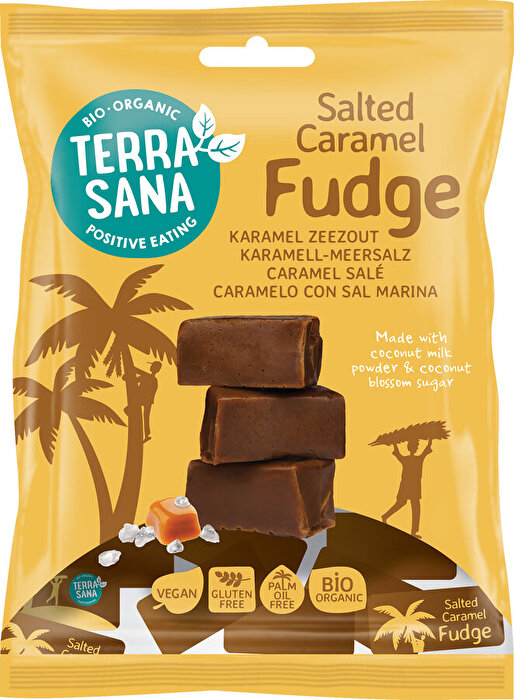 Das vegane Karamellbonbon Fudge Karamell-Meersalz von TerraSana begeistert mit dem beliebten Geschmack von gesalzenem Karamell und einer angenehm festen, zugleich zartschmelzenden Konsistenz.