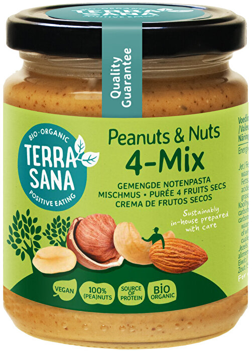 Das 4-Mix Mischmus mit Erdnüssen von TerraSana vereint das Beste aus vier ausgewählten Bio-Nüssen: Erdnüsse, Cashewnüsse, Haselnüsse und Mandeln.