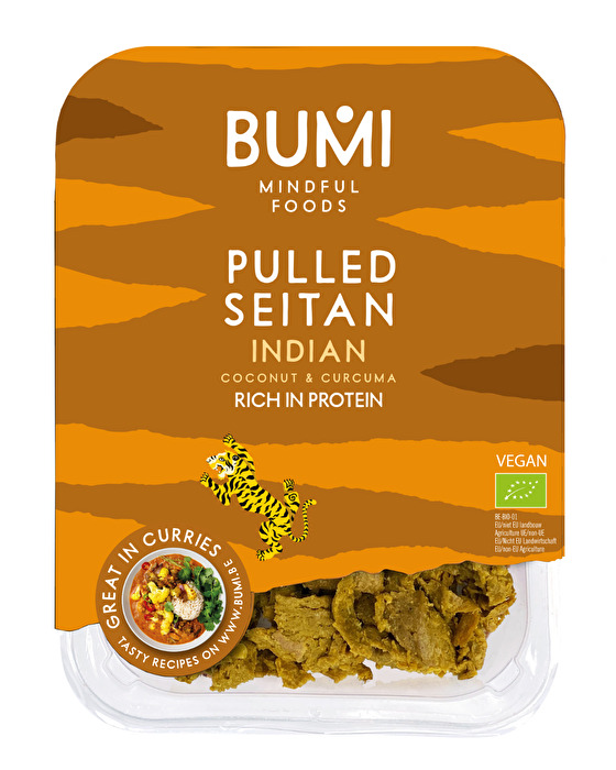 Das Pulled Seitan Indian von BUMI auf Basis von Weizengluten überzeugt mit seiner saftigen, faserigen Textur und einer fein abgestimmten indischen Gewürzmischung.