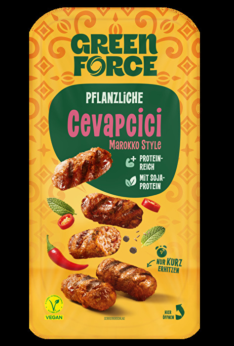 Das Pflanzliche Cevapcici Marokko Style von GREENFORCE auf Basis von Sojaprotein begeistern mit einer aromatischen marokkanischen Gewürzmischung und einer angenehm saftigen Konsistenz.