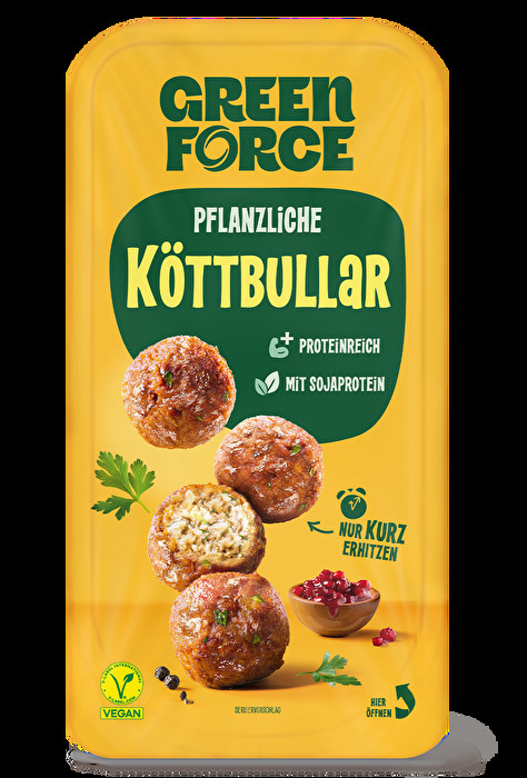 Die Pflanzlichen Köttbullar von GREENFORCE sind frittiert und eine kugelrunde Fleisch-Alternative.