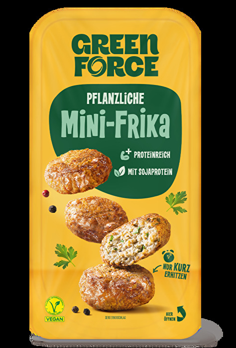 Die Pflanzlichen Mini Frika von GREENFORCE überzeugen auf ganzer Linie mit ihrer Sojabasis.