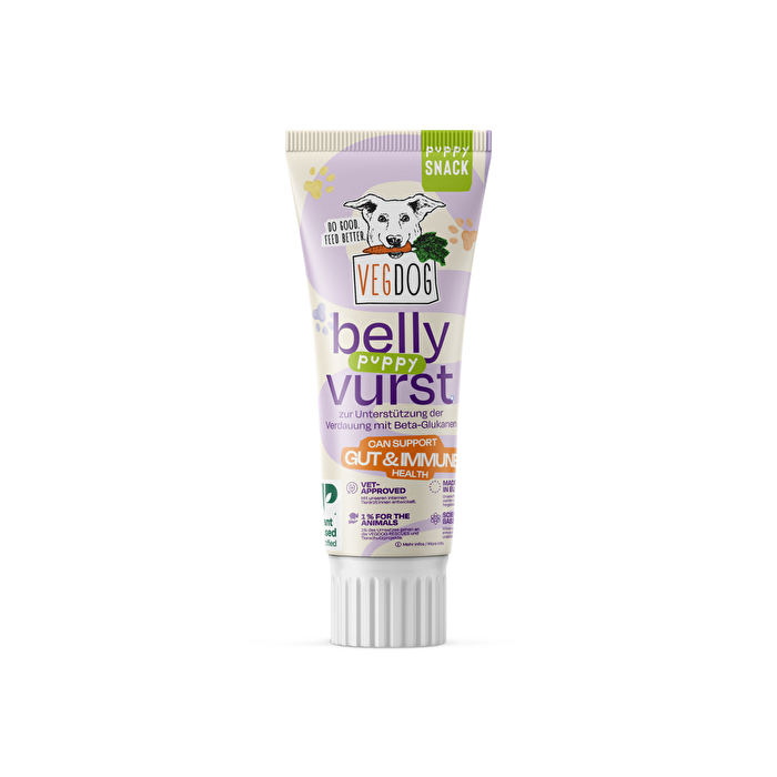 Die vegane Belly Vurst von VEGDOG ist ein Snack in der Tube für Deinen kleinen Welpen ab der achten Woche!