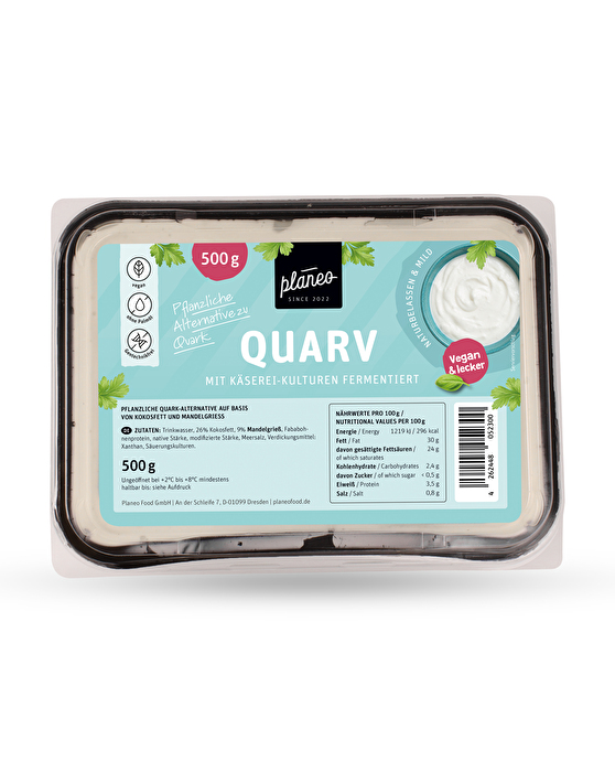 Der Quarv von planeo ist eine vegane Alternative zu Quark mit angenehm cremiger Konsistenz und fein säuerlichem Geschmack. Auf Mandelbasis hergestellt und mit ausgewählten Kulturen fermentiert, lässt er sich vielseitig in deiner Küche einsetzen.