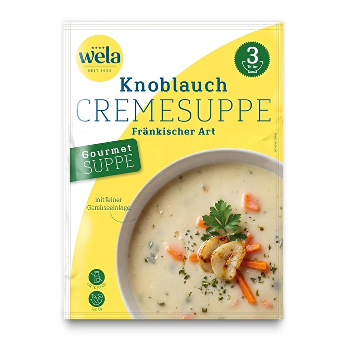 Mit der Fränkischen Gourmet Knoblauchcremesuppe von Wela zauberst Du Dir in wenigen Minuten eine herzhaft-cremige Suppe auf den Teller.