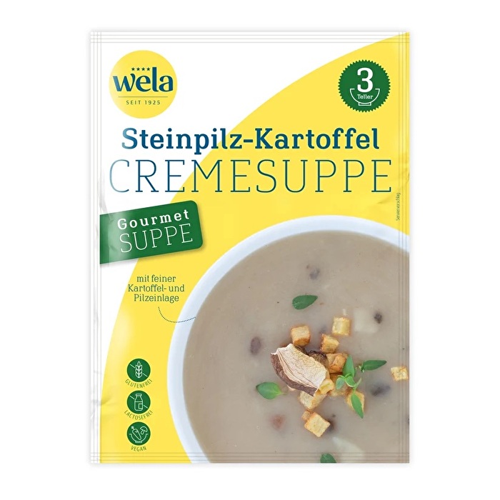 Die Gourmet Steinpilz-Kartoffelcremesuppe von Wela ist eine schnell zubereitete cremige Suppe mit reichlich Steinpilzen und Kartoffeln.