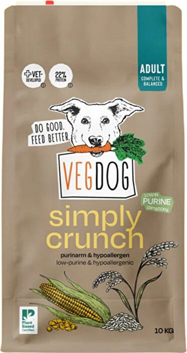 Das Simply Crunch 10kg ist Vegdogs neuestes veganes Trockenfutter für Hunde mit dem Besten aus Mais, Hirse und Leinsaat.