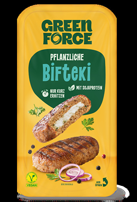Frische pflanzliche Bifteki von GREENFORCE – herzhaft gewürzt und authentisch in Geschmack und Konsistenz. Gefüllt mit cremigem Greek Cheeze für eine köstliche Überraschung im Inneren.