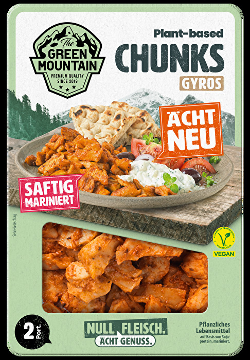 Die Plant based Chunks Gyros von The Green Mountain bringen einen aromatisch würzigen Gyrosgeschmack mit einer feinen Rauchnote auf den Teller.