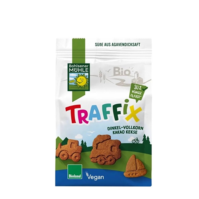 Volle Fahrt voraus! Mit den Bohlsener Mühle Dinkel-Vollkorn-Kakaokeksen °TraffiX° startet eine knusprige Keksreise, auf der wir mit der natürlichen Süße aus Agavendicksaft, wertvollem Dinkel und vielen lustigen Keksmotiven fahren, segeln, baggern und rollen.