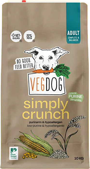 Das Simply Crunch 10kg ist Vegdogs neuestes veganes Trockenfutter für Hunde mit dem Besten aus Mais, Hirse und Leinsaat.