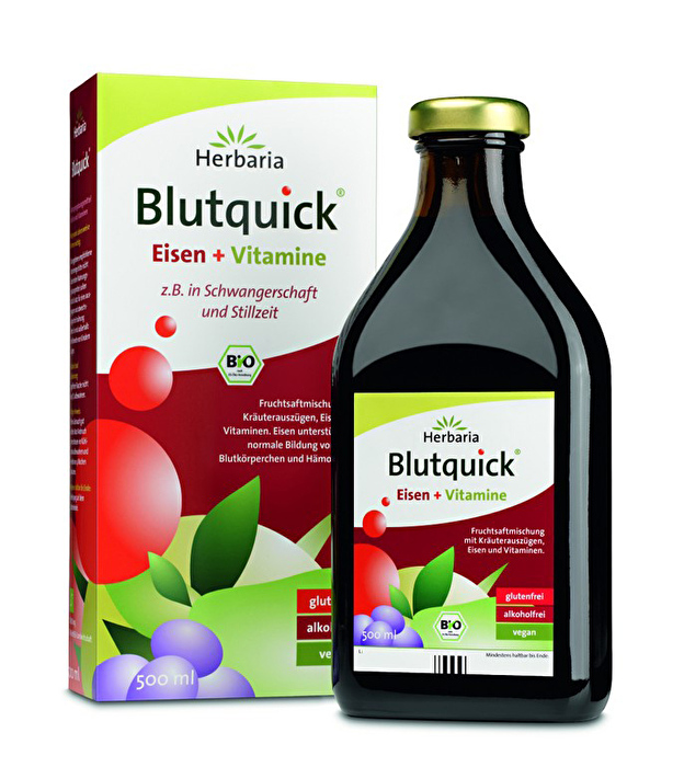 Butquick von Herbaria in der 500ml-Flasche ist der ideale Eisen- und Vitaminlieferant für alle Veganer, Schwangere und sportlich sowie ernährungsbewusst lebende Menschen.