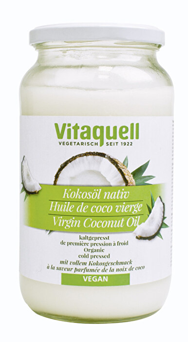Das Bio-Kokosöl von Vitaquell im 800g-Glas wurde aus weißem Kokosnussfleisch kaltgepresst und ist für die Rohkosternährung geeignet.