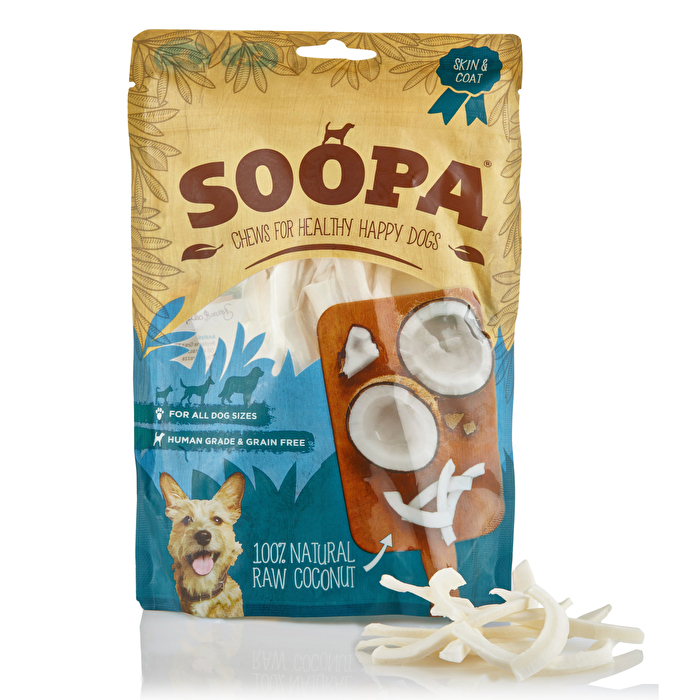 Die Kaustreifen Coconut Chews von Soopa enthalten alles Gesunde aus der Kokosnuss!