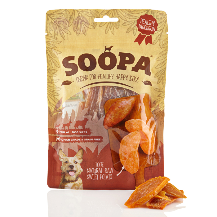 Die Sweet Potato Chews von Soopa kommen aus 100% Süßkartoffeln daher, sind sehr gut bekömmlich und werden von Hunden geliebt! Je