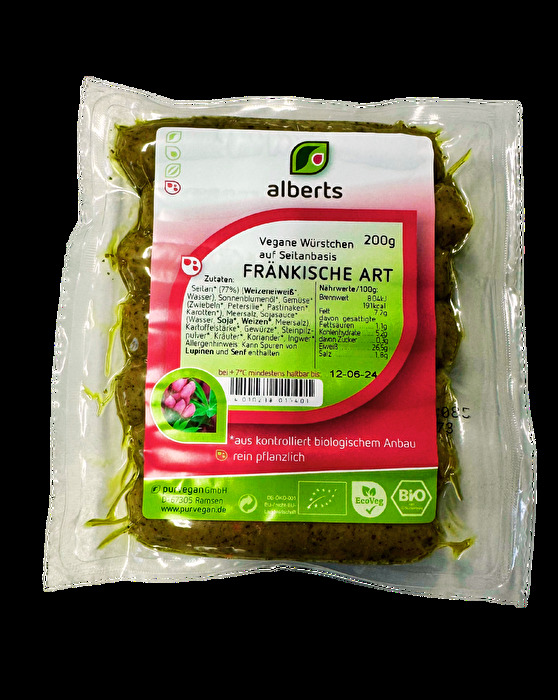 Die Fränkischen Seitan Würstchen von alberts: knackig und lecker würzig nach fränkischer Art mit feinen Kräutern.