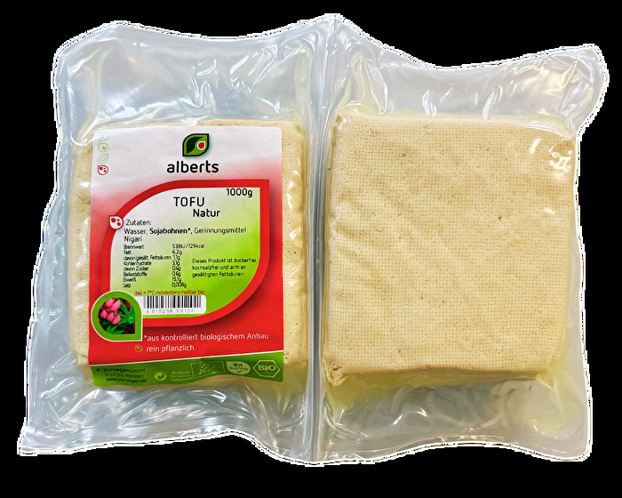 Tofu Natur von alberts ist ein nach traditionellem Verfahren hergestellter Basis-Tofu.