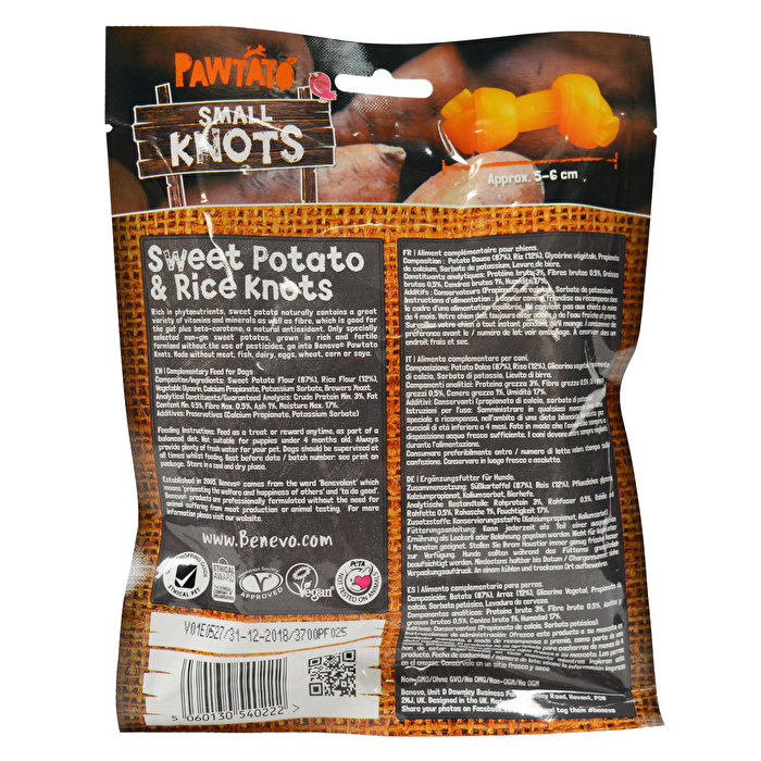 Benevo Pawtato Knots sind leckere vegane Kauknochen für kleine Hunde! Ergibig und gut für Zähne und Zahnfleisch!
