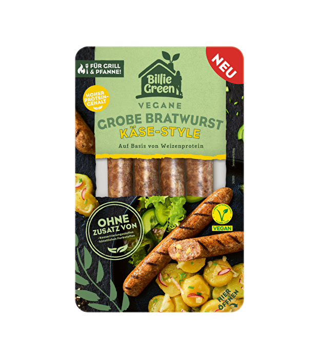 Die vegane grobe Bratwurst Käse-Style von Billie Green kombiniert herzhaften Geschmack mit einer würzig-schmelzenden Käsealternative.