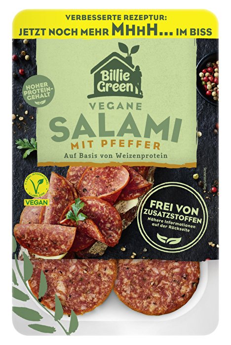 Die vegane Salami Pfeffer von Billie Green wird auf Basis von Weizenprotein hergestellt und hat einen unvergleichlich würzigen Geschmack.