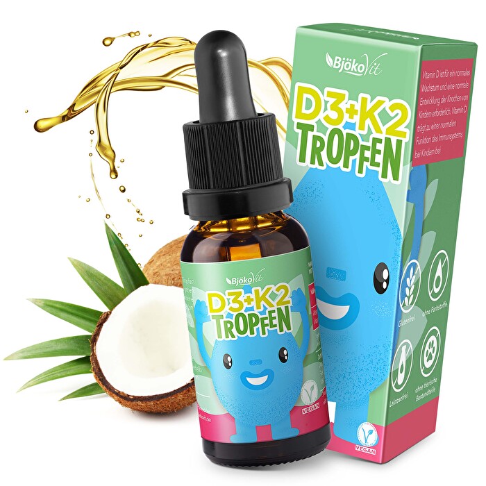 Die Vitamin D3+K2-Tropfen für Kinder von BjökoVit sind ideal für Kinder und Jugendliche, um den erhöhten Bedarf an Vitamin D und Vitamin K in der Wachstumsphase für den Aufbau starker Knochen und gesunde Zähne sicherzustellen.