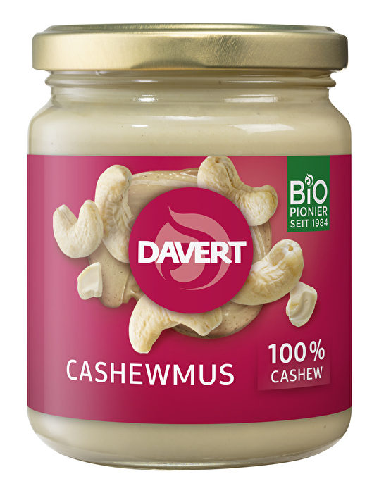 Das Cashewmus von Davert besteht aus hochwertigen, fettfrei gerösteten Bio-Cashewkernen und kommt ganz ohne zusätzliche Zutaten aus.