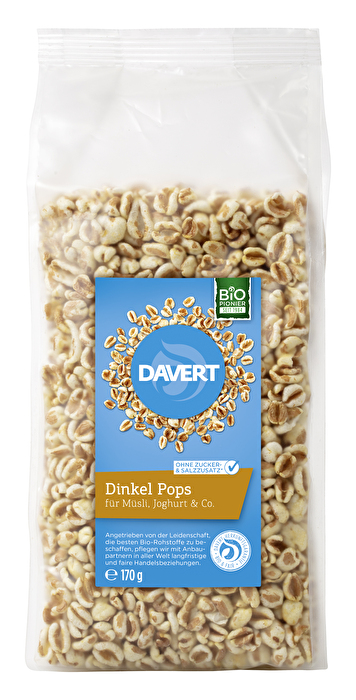 Die Dinkel Pops von Davert sind der ideale Begleiter für Müsli, Joghurtalternativen und mehr.