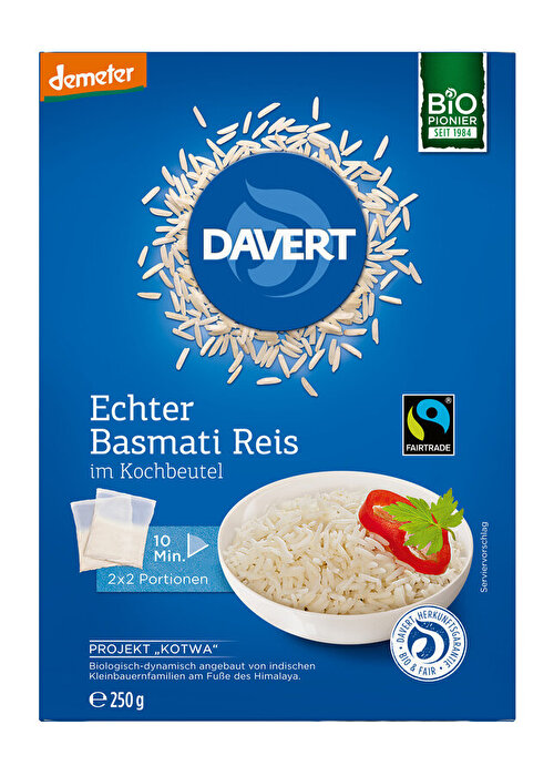 Der echte Basmati Reis von Davert ist ein edler und besonders lockerer Duftreis mit feinem Aroma.
